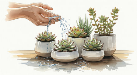 Watering succulent plants in pots. Watercolor hand drawn illustrationの素材