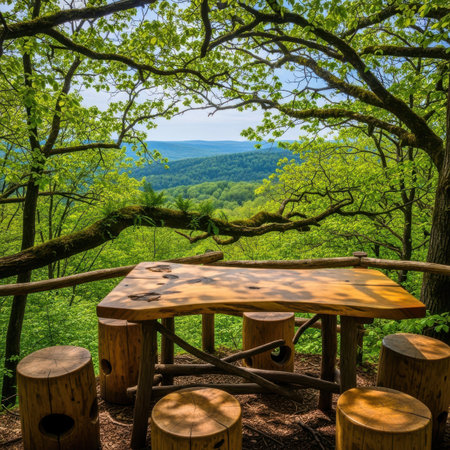 Wooden table and chairs on the top of a mountain in the woodsの素材