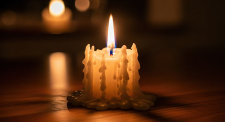 Burning candle on wooden table. Shallow depth of field.の素材