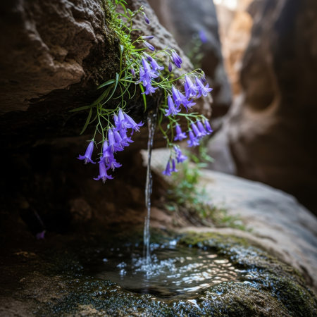 Bluebells and water stream in Petra, Jordan. Selective focus.の素材