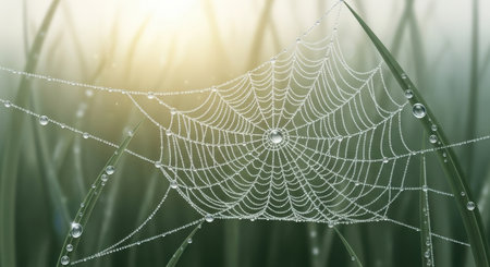 Close up of dew drops on a spider web. Nature backgroundの素材