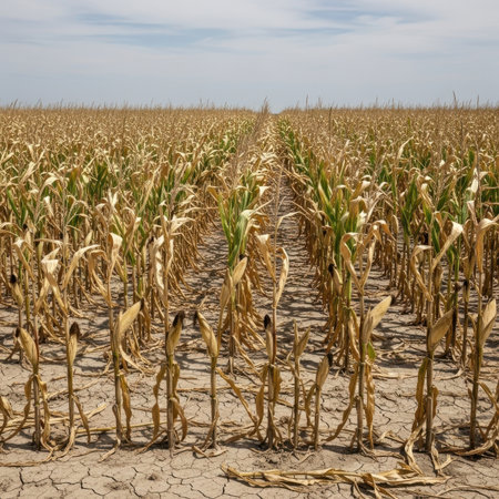 Dry corn field on a sunny day with blue sky and cloudsの素材