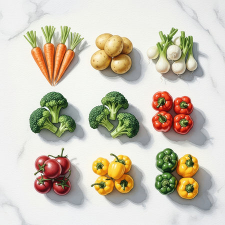 Set of fresh vegetables on a white marble background. Top view.の素材