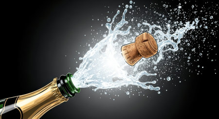 Bottle of champagne splashing out of cork on black backgroundの素材