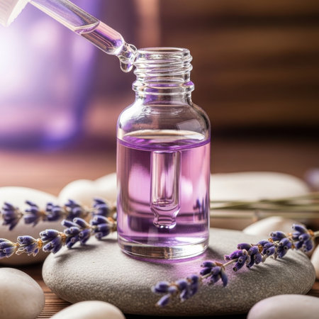Spa still life with lavender essential oil in a glass bottleの素材
