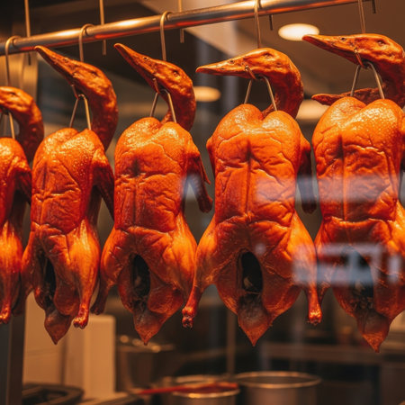 Roasted chicken in the window of a butcher shopの素材