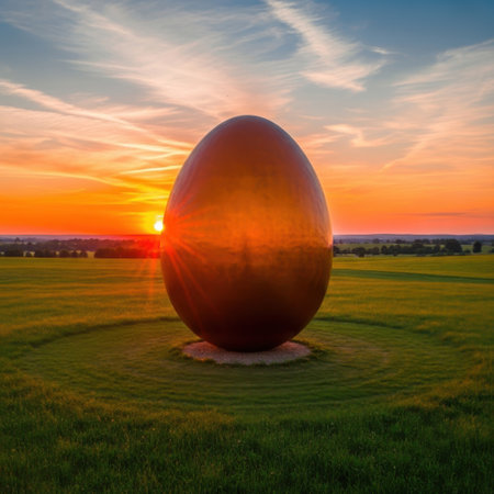 Easter egg in the field at sunset.の素材