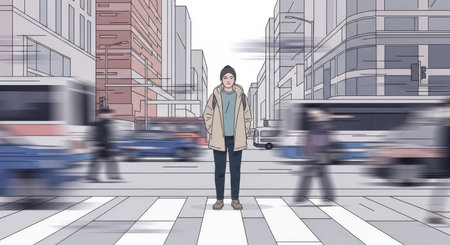 Illustration of a young man walking on the street in the cityの素材