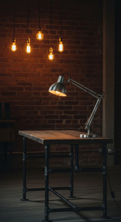 desk lamp on a wooden table in a dark room with brick wallの素材