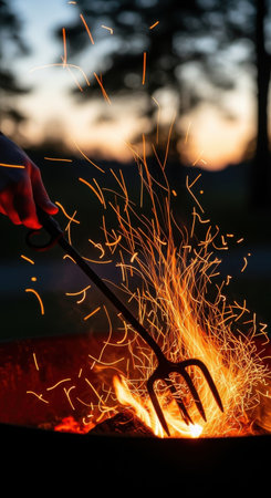 Close-up of a female hand holding a pitchfork over a bonfireの素材