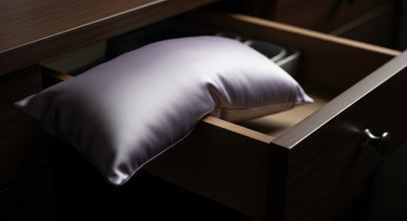 Wooden drawers with soft pillows, close-up.の素材