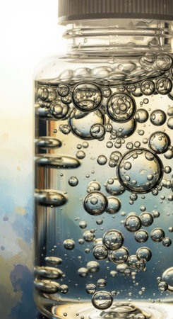 Bubbles in a bottle of water. Watercolor background.の素材