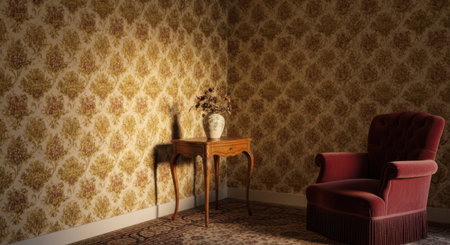 Interior of an old room with a chair and a vase of flowersの素材