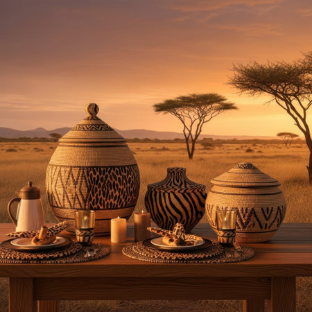 Sunset outdoor dining with woven baskets pottery and lit candlesの素材