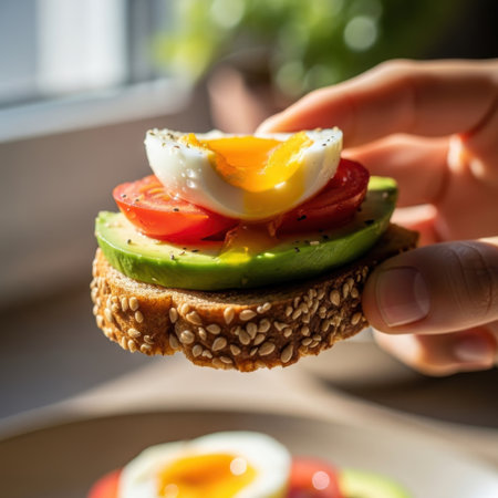 Healthy sandwich with avocado, tomato and egg in female hands.の素材