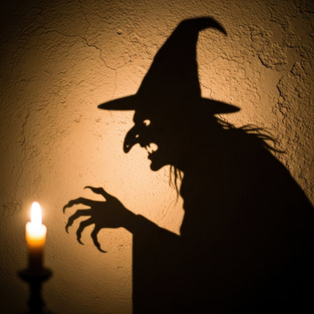 Silhouette of a witch with a candle on the background of a wallの素材