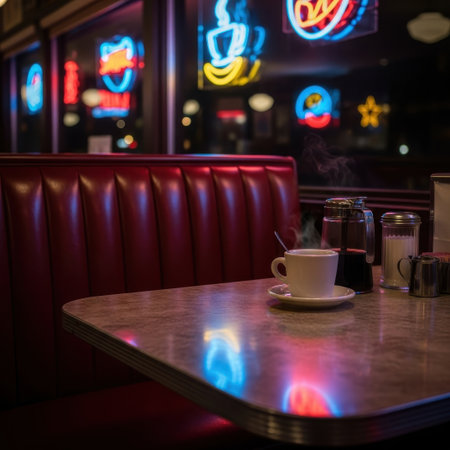 Coffee cup on a wooden table in a cafe with bright lightsの素材