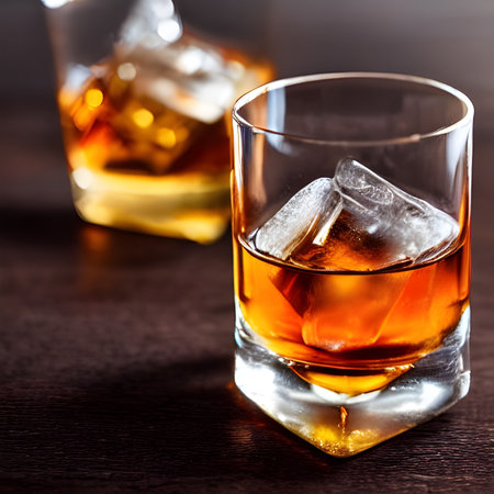 Fresh whiskey on clear glass and bottle also diced ice alcohol drawing. picture & image beverage in...