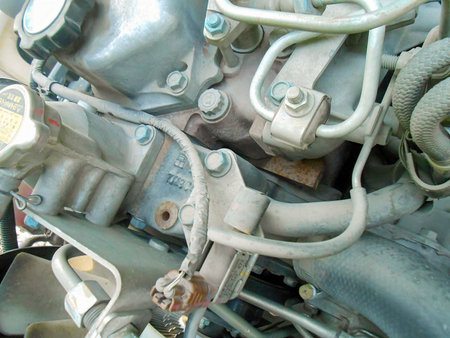 Diesel truck engine or truck engine with copy space for text. Metallic background of the internal...
