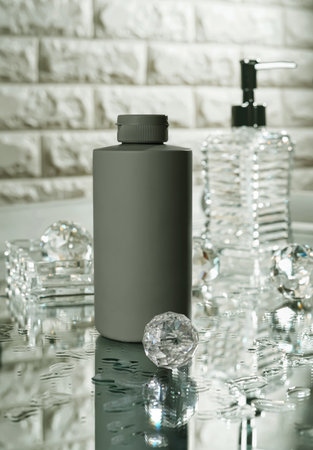 Unbranded blank cosmetics, soap, skincare, cream and shampoo packaging on a fresh background. Skincare female and male skincare products packaging on photo studioの写真素材