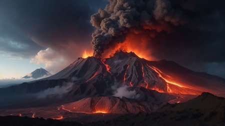 volcano eruption with massive high bursts of lava and hot clouds soaring high into the sky,...