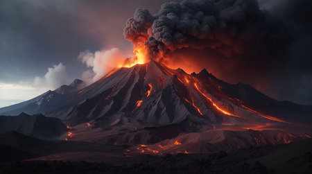 volcano eruption with massive high bursts of lava and hot clouds soaring high into the sky, pyroclastic flow in asiaの素材 [FY310209171134]