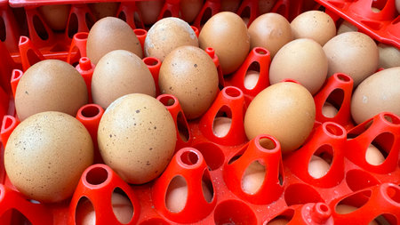 basket of chicken eggs on a table over farm in the countryside, healthy organic eggs, farm produce...