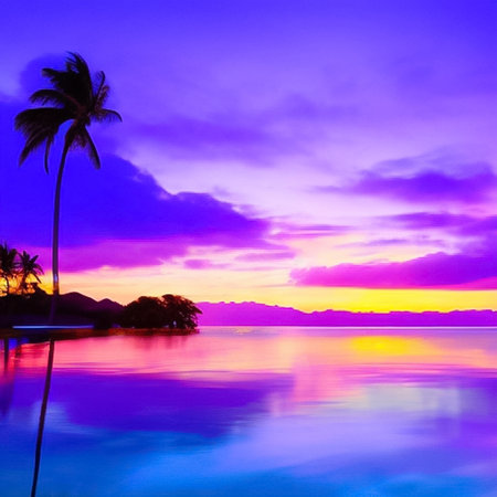 Beautiful sunset at tropical beach with silhouette of trees and orange, pink, blue, sky for copy space and multimedia content creation for travel and vacation in holiday relax timeの素材