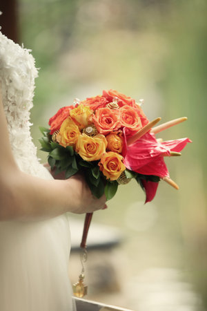 Wedding flowers, bridal bouquet closeup. Decoration made of roses, peonies and decorative plants, close-up, selective focus, nobody, objectsの写真素材