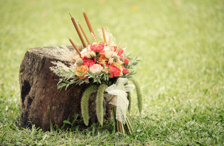 Wedding flowers, bridal bouquet closeup. Decoration made of roses, peonies and decorative plants, close-up, selective focus, nobody, objectsの写真素材