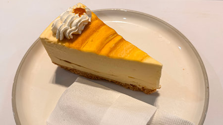 Lemon cheesecake freshly baked slice, New York style classical cheese cake on dessert plate...