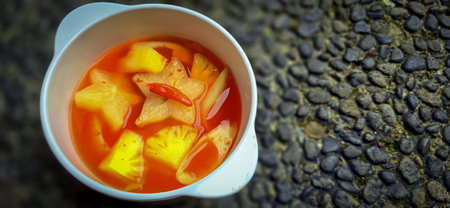 Sweet pickled fruit and chili, called Asinan is a pickled through brine or vinaigrette fruit or vegetable dish, usually served with peanut, sambal and kerupuk, The most popular in Indonesia are asinan Betawi and asinan Bogorの写真素材