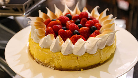 Beautiful multicolored decorated baked sweet tasty party cakes or catering cakes for party, bar dessert selection with cake, pie and pastries catering banquet table on a kids children party, coffee break buffet at a conferenceの写真素材