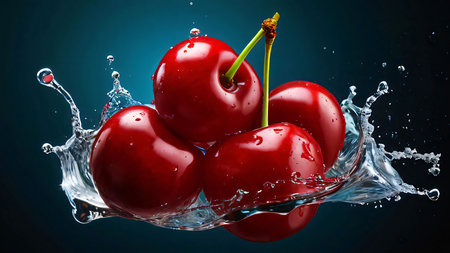 Fresh sweet red cherries are small, juicy fruits with a vibrant red hue color, bursting with sweet...