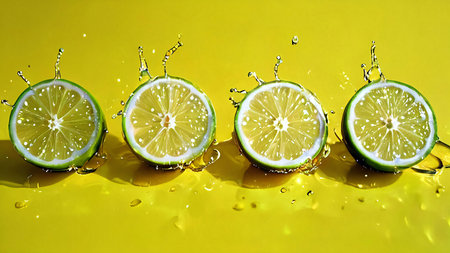 Fresh lime fruit cut with fresh water splashes on color background, good for creative digital content creationの写真素材