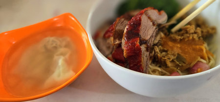 bowl of Cantonese peking roast duck with crispy skin and tender meat, served fresh noodle soup along with plum sauce on the side, capturing the savory flavors and best culinaryの写真素材