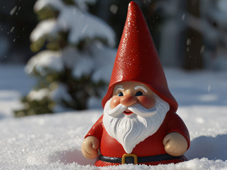Santa Claus Christmas garden Gnome standing in the snow, cute gnome in the winter snow for Christmas celebration, good background for digital christmas card or multimedia content creationの写真素材