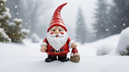 Santa Claus Christmas garden Gnome standing in the snow, cute gnome in the winter snow for Christmas celebration, good background for digital christmas card or multimedia content creationの写真素材