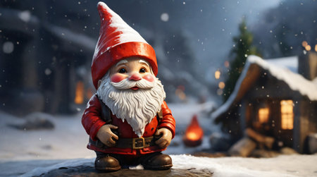 Santa Claus Christmas garden Gnome standing in the snow, cute gnome in the winter snow for Christmas...