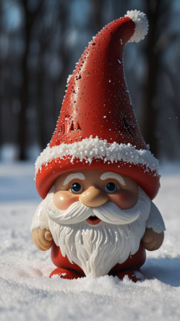 Santa Claus Christmas garden Gnome standing in the snow, cute gnome in the winter snow for Christmas celebration, good background for digital christmas card or multimedia content creationの写真素材