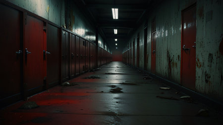 Long dark eerie, grunge, dark and dirty corridor in an abandoned property, with dirty interior and...