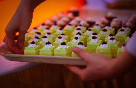 Beautiful multicolored decorated baked sweet tasty party cakes or catering cakes for party, bar dessert selection with cake, pie and pastries catering banquet, coffee break buffet at a conference and celebrationsの写真素材