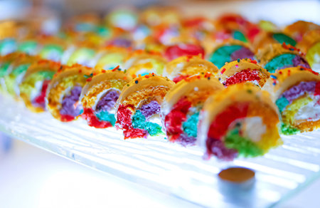 Beautiful multicolored decorated baked sweet tasty party cakes or catering cakes for party, bar dessert selection with cake, pie and pastries catering banquet, coffee break buffet at a conference and celebrationsの写真素材