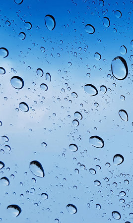 Rain and water droplets perspective through window glass surface against blue sky good for...