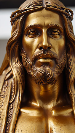The Glorious image of Jesus Christ in golden color theme, luxurious decorations of Jesus Christ imagery rising with faith to join the heavenly realm, good for multimedia content creationの写真素材