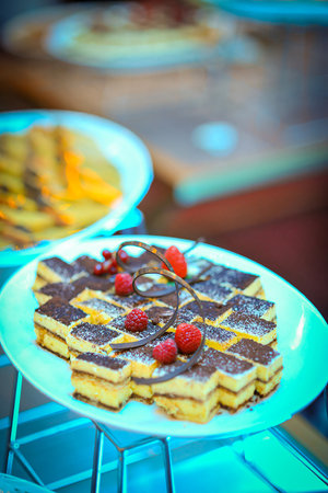 Beautiful multicolored decorated baked sweet tasty party cakes or catering cakes for party, bar dessert selection with cake, pie and pastries catering banquet, coffee break buffet at a conference content creationの写真素材