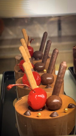 Beautiful multicolored decorated baked sweet tasty party cakes or catering cakes for party, bar dessert selection with cake, pie and pastries catering banquet, coffee break buffet at a conference content creationの写真素材