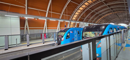 Light Rail Transit or LRT or rail transport system in Indonesia, modern metro train stationed at an...