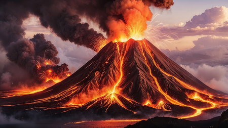 captivating scene of an active volcanic eruption, showcasing molten lava, smoke plumes, and fiery glow beneath a dramatic evening sky, exuding intense energy and natural grandeur. Iceland volcanoの写真素材