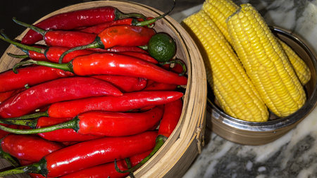 Vibrant red chili peppers with a single green lime resting in a wooden bowl beside yellow corn cobs on a stone surface, enhancing the natural and fresh themes of the composition.の写真素材